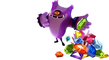 Изображение с персонажами Olimp интернет казино, окруженными разноцветными драгоценными камнями, символизирующими регулярные награды для игроков и создающими атмосферу игры и вознаграждения.